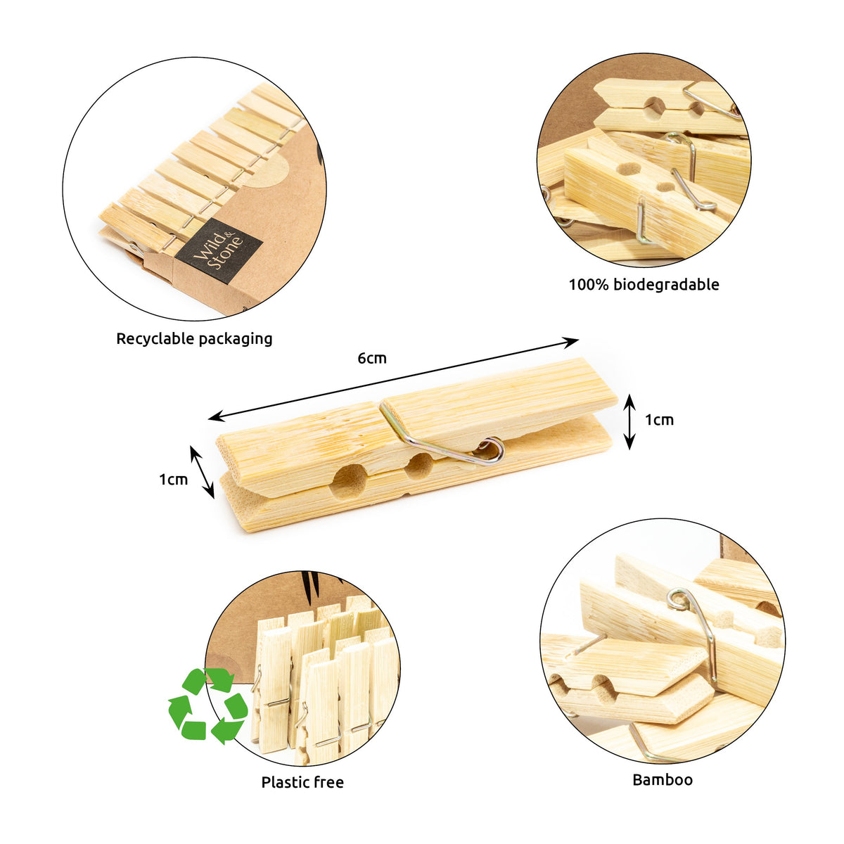 Bamboo Clothes Pegs Biodegradable 20 Pack Wild & Stone