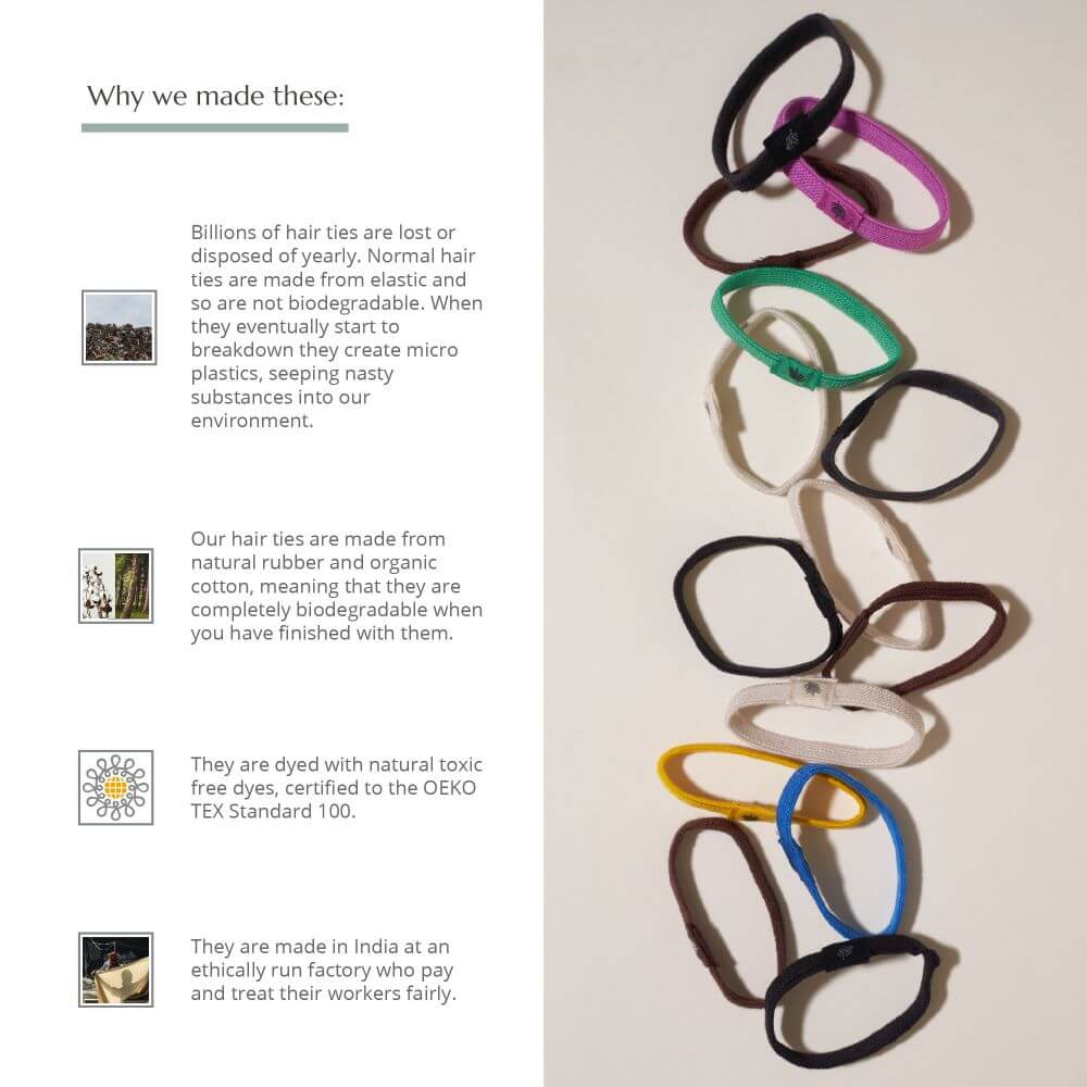 Infographic showing why we made our black Plastic Free Hair Ties 