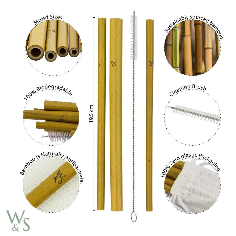 Reusable Bamboo Drinking Straws infographic showing mixed sizes, 100% biodegradable, naturally antibacterial, cleaning brush, zero plastic packaging and sustainably sourced bamboo.