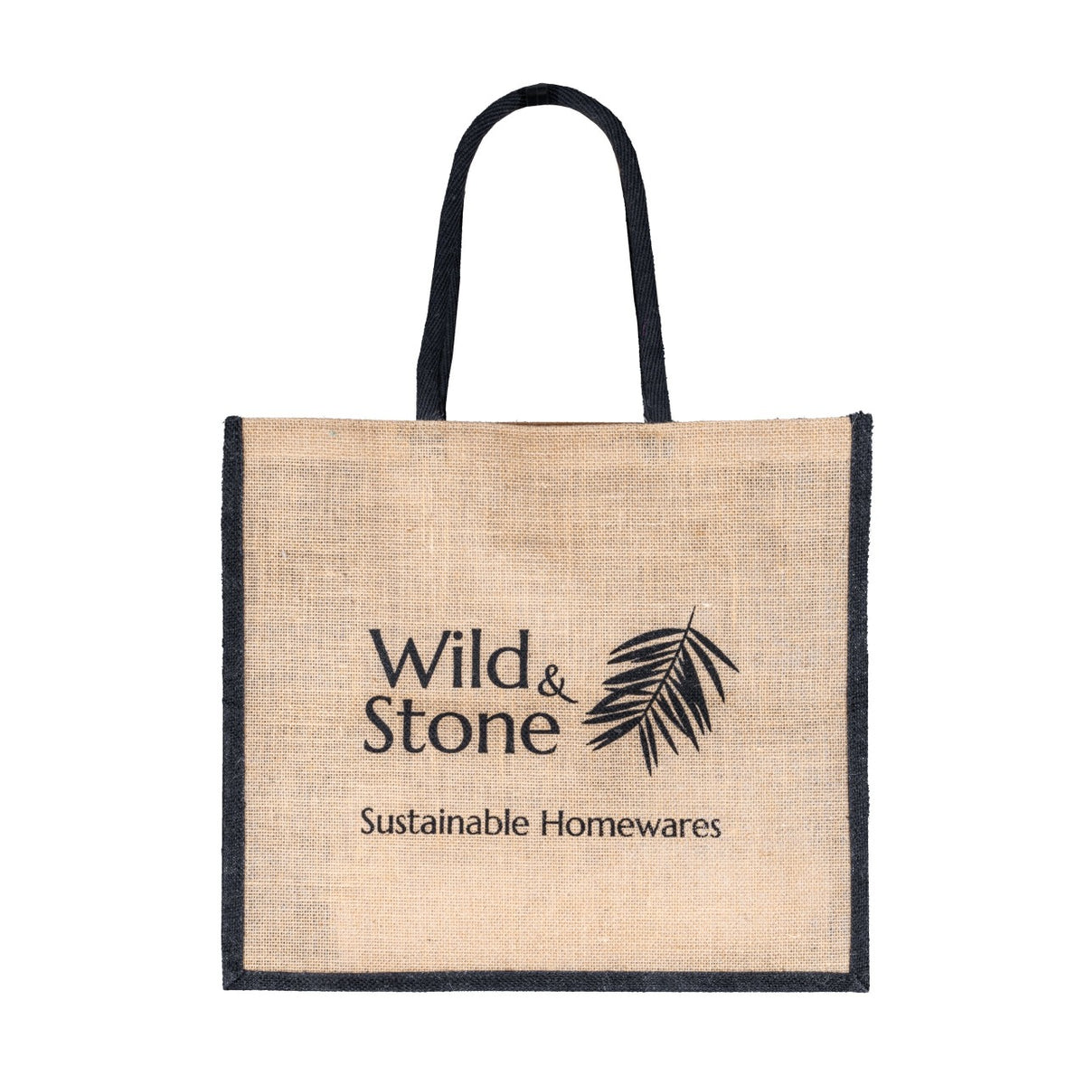 Front view of Jute Hessian Shopping Bag with Wild & Stone logo.