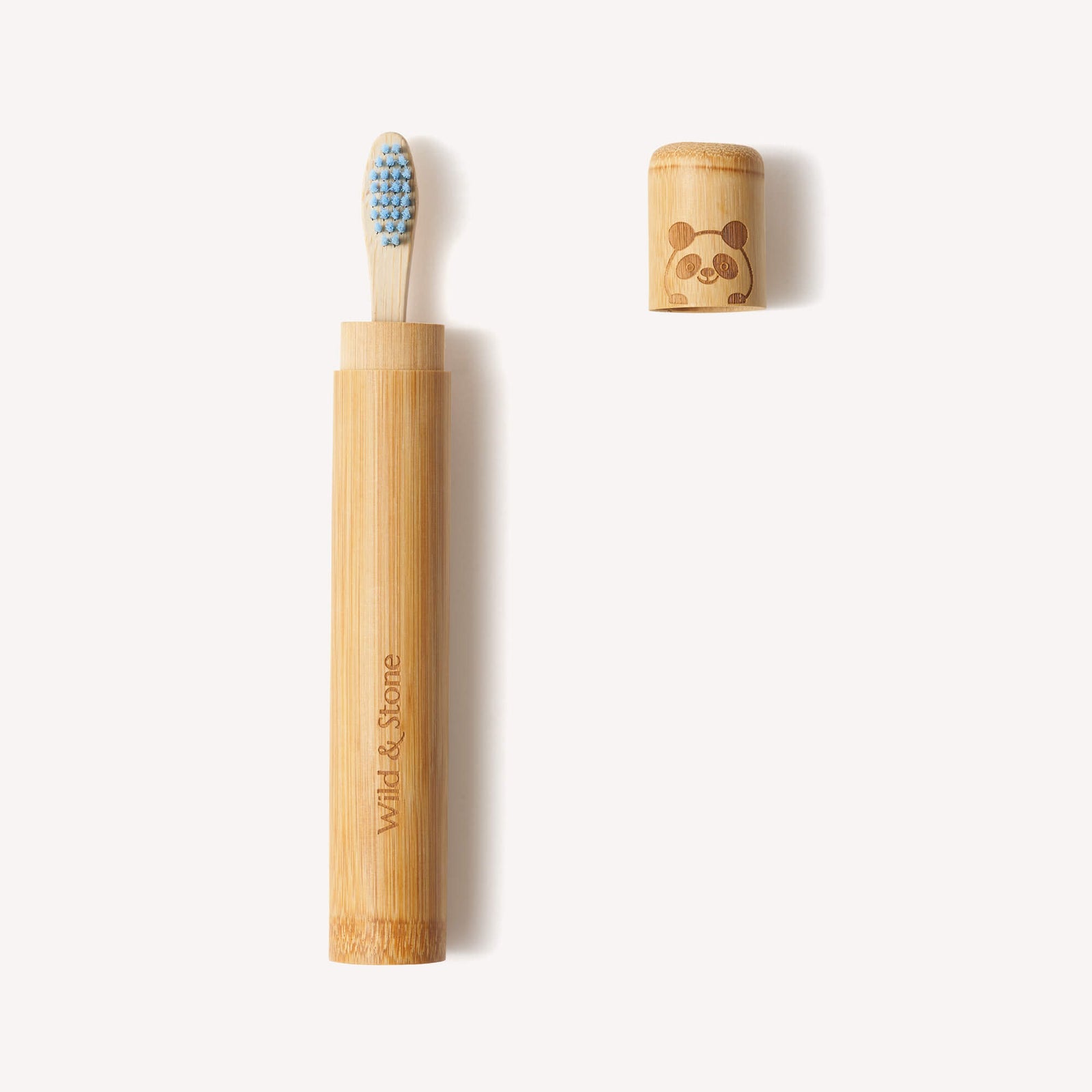 Bamboo Toothbrush Travel Holder with blue toothbrush inside.