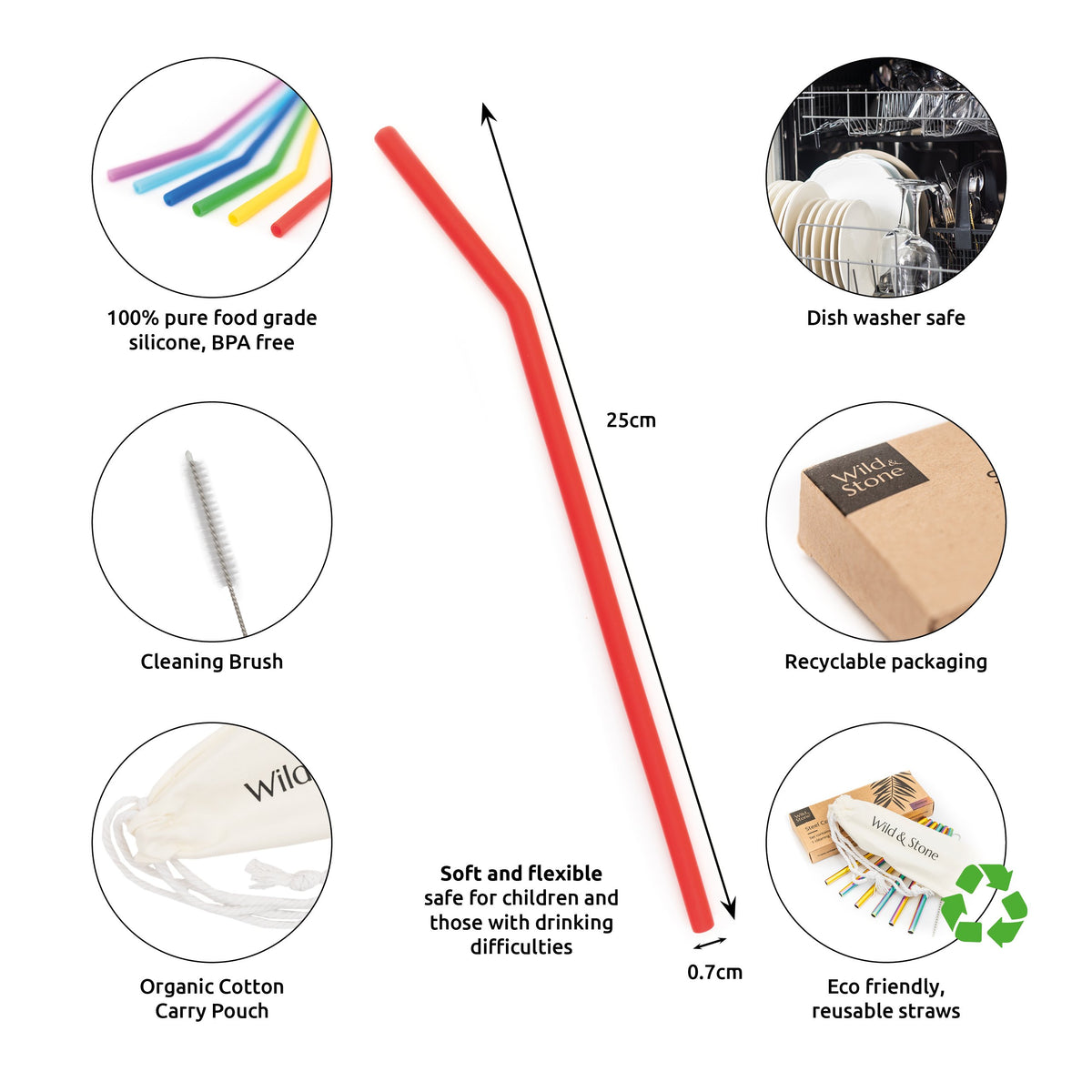 Infographic showing Reusable Silicone Drinking Straws - 100% pure food grade silicone, cleaning brush, organic cotton carry pouch, dish washer safe and recyclable packaging.