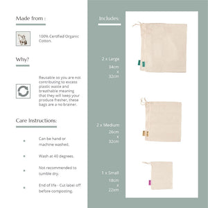 Reusable Canvas Produce Bags - Organic Cotton - Set of 5