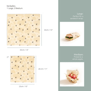 Beeswax Food Wraps - Honeycomb - 3 Pack (2x Medium, 1x Large)