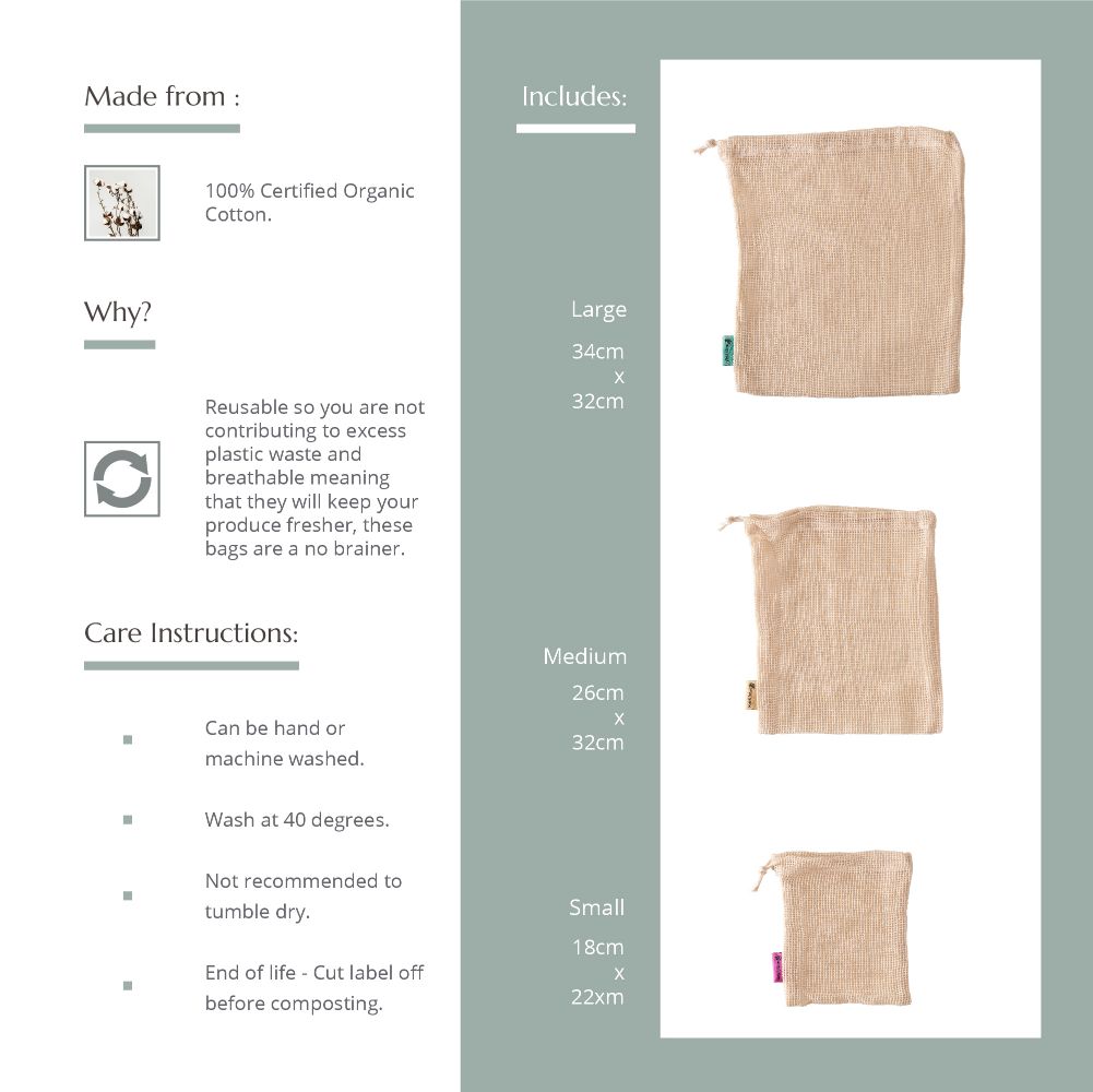 Reusable Mesh Produce Bags infographic showing made from 100% certified organic cotton and care instructions. Can be hand or machine washed and should be washed at 40 degrees.