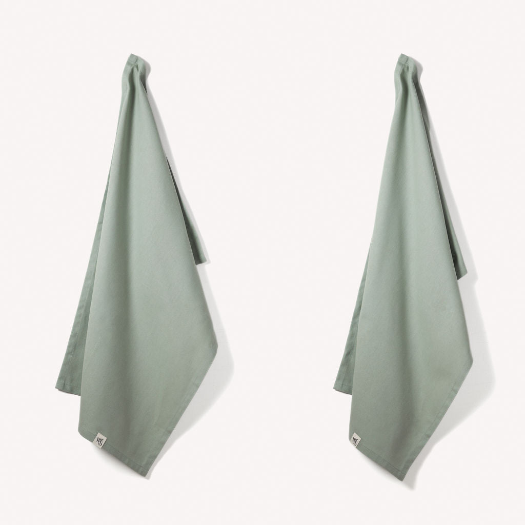 Green Organic Cotton Tea Towels - Herringbone Weave - Set of 2