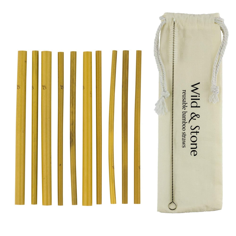 10 Reusable Bamboo Drinking Straws next to a holder.