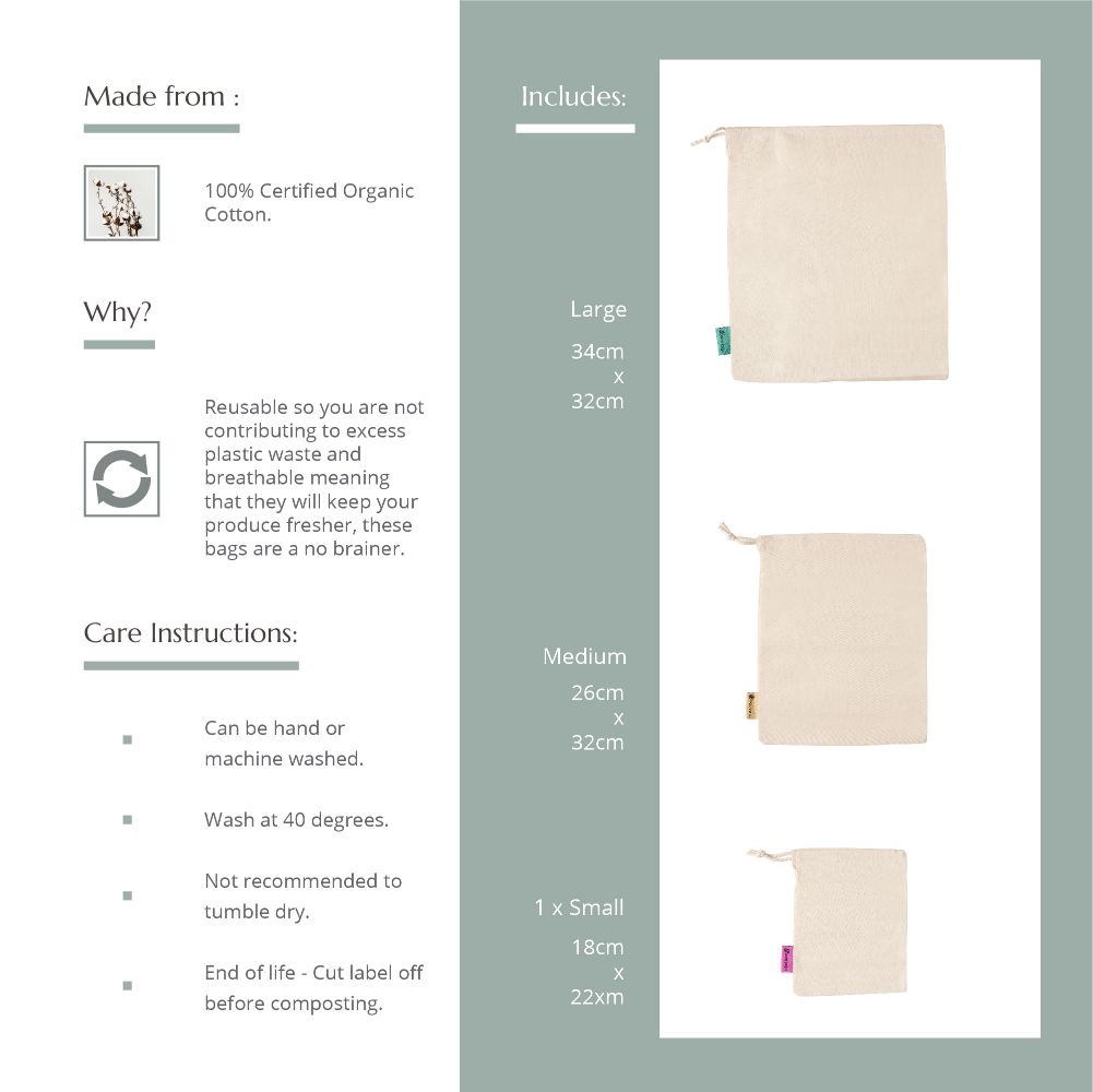 Reusable Produce Bags made from 100% certified cotton. 